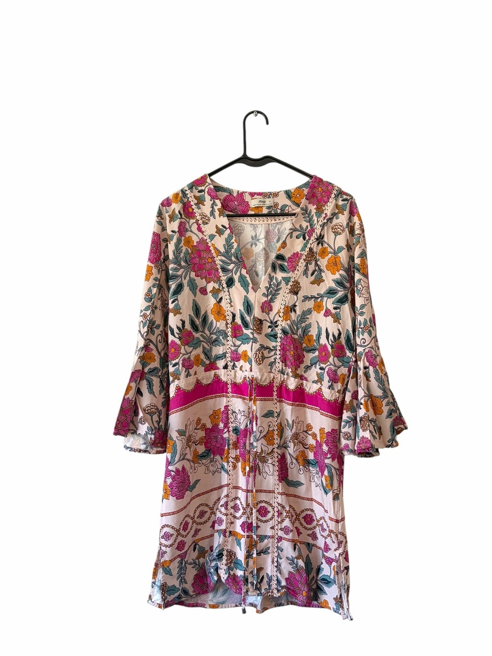 Maaji Cream Floral Tie-Waist V-Neck Dress with Pink & Orange Accents - Picture 5 of 12